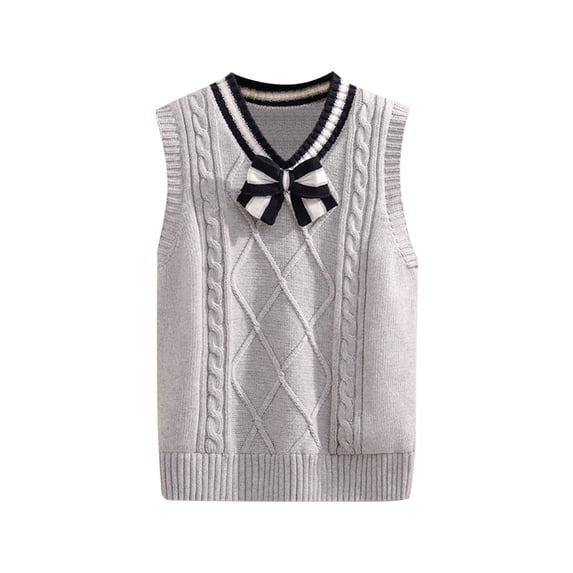 YunPes Girls Preppy Sweater Vest Plaid Bowknot V-Neck Knit Pullovers School Uniformal Kids Soft Comfy Spring Fall Clothes