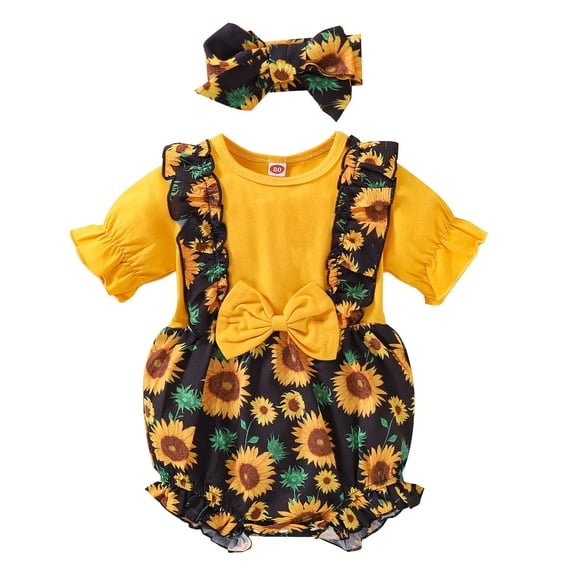 YunPes Girls Printed Sunflower Sleeve Bowknot Headbands Baby Bodysuitt Set Short Romper Floral Girls Romper&Jumpsuit Leotard 2t