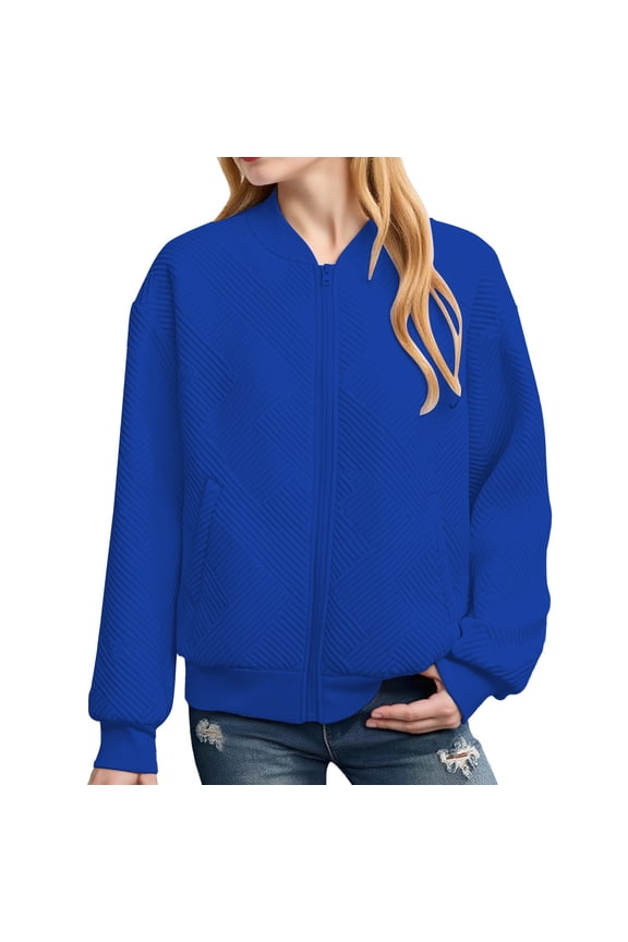 Girls Quilted Bomber Jacket Solid Stand Collar Zip-Up Baseball Coat Teen Minimal Trendy Streetwear School Fall Outerwear