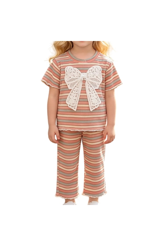 Girls Rainbow Striped 2pc Set Lace Bow Embroidery Short Sleeve Tee Tops & Flared Pants Lettuce Trim Toddler Summer Cute Knitwear Outfits