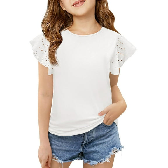 YunPes Girls Round Hole Lace Ruffled Sleeve Summer Round Neck Short Sleeve T Shirt Top 3 12 Years Toddler Undershirt Girl