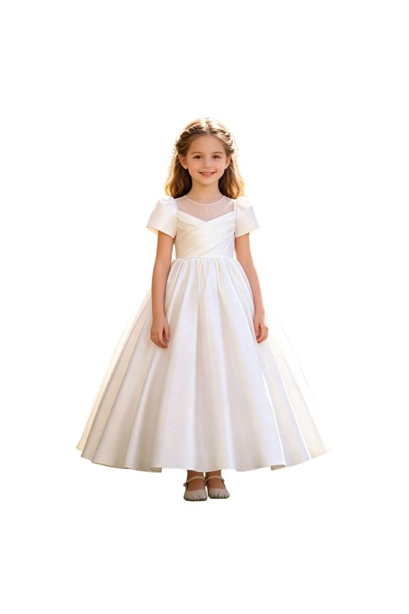 Girls Satin Dress Ruffle Short Sleeve Tulle Front A-Line Long Gown Pageant Prom Princess First Communion Flower Girl Dress