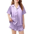 thumbnail image 1 of YunPes Girls Satin Outfits Button-Down Short Sleeve Tops Ruffle Shorts PJS Sets Kids Elegant Comfy 2 Piece Clothing 5-15 Years, 1 of 7