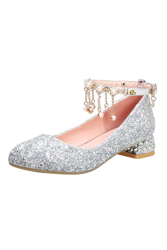 Girls Sequins Dress Shoes Sparkly Mid Heel Mary Jane Shoes Pearl Chain Drop Ankle Strap Princess Shoes for Wedding & Birthday & Prom