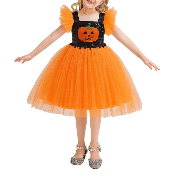 YunPes Girls Short Sleeved Pumpkin Printed Chiffon Sleeves with Large Skirt for Halloween Dress 2 Birthday Dress
