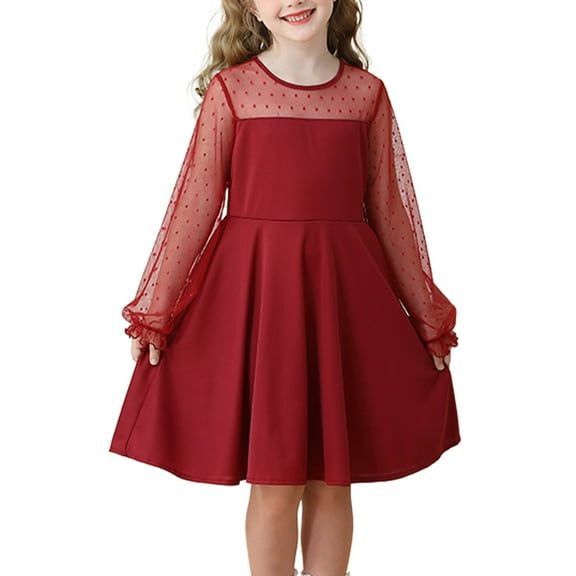 YunPes Girls Skirt Dress Mesh Lace Dress Long Sleeve Gown Children's Clothing Performance Dress Baby Girls