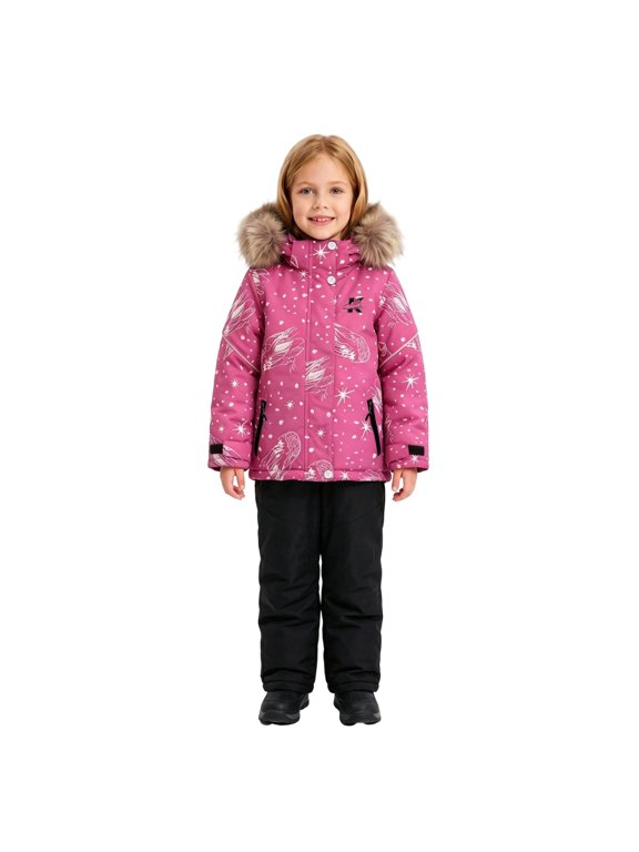 Girls Snow Suit Faux Fur Hood Winter Ski Jacket & Snow Overalls 2 Piece Set Windproof Insulated Kids Snowboard Outfit