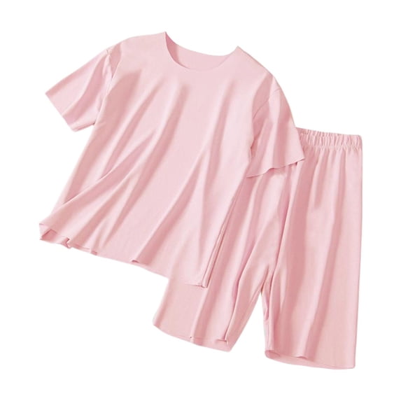 YunPes Girls Soft Plain Pajama Set Lightweight Loose Fit Short Sleeve Shirts and Shorts Breathable Comfy 2 Piece Outfit