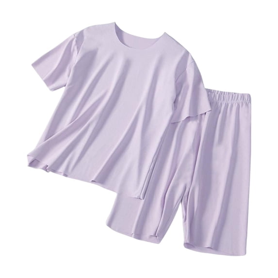 YunPes Girls Soft Plain Pajama Set Lightweight Loose Fit Short Sleeve Shirts and Shorts Breathable Comfy 2 Piece Outfit