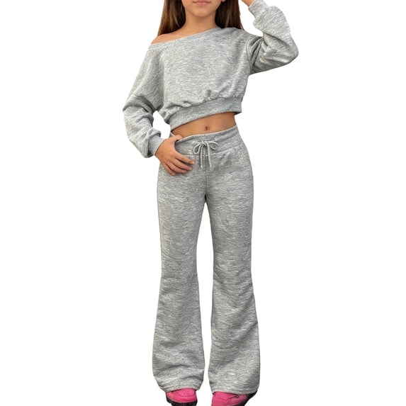 YunPes Girls Solid 2 Piece Sets Off‑Shoulder Cropped Sweatshirt Tops & Drawstring Flared Sweatpants Set Fall Fashion Casual Outfit for Teen Kids