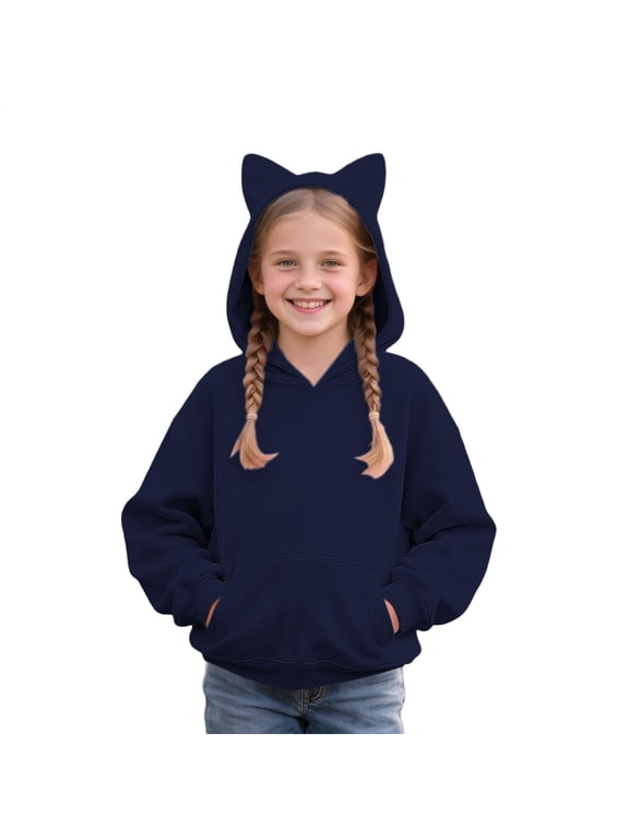 Girls Solid Color Hoodies Bear Ear Pullover Long Sleeve Sweatshirts Comfy Cute Loose Fit Warm Tops Outwear with Pocket