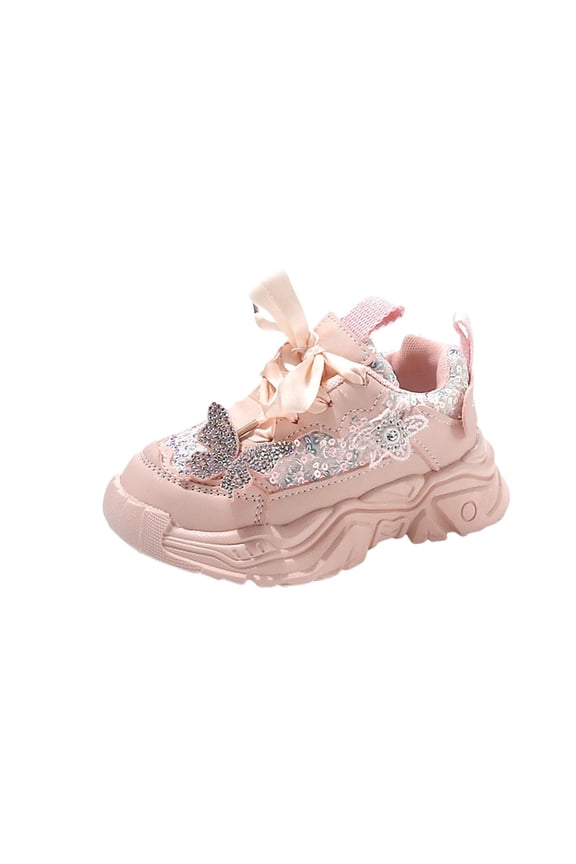 Girls Sparkly Platform Sneakers Rhinestone Butterfly & Lace Bow Trendy Casual Sport Shoes for Toddler & Little Kids