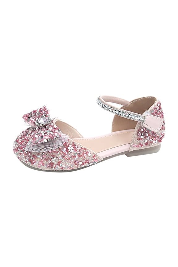 Girls Sparkly Sandals Bow Glitter Rhinestone Ankle Strap Dress Shoes Closed Toe Princess Flats Summer Flower Girls