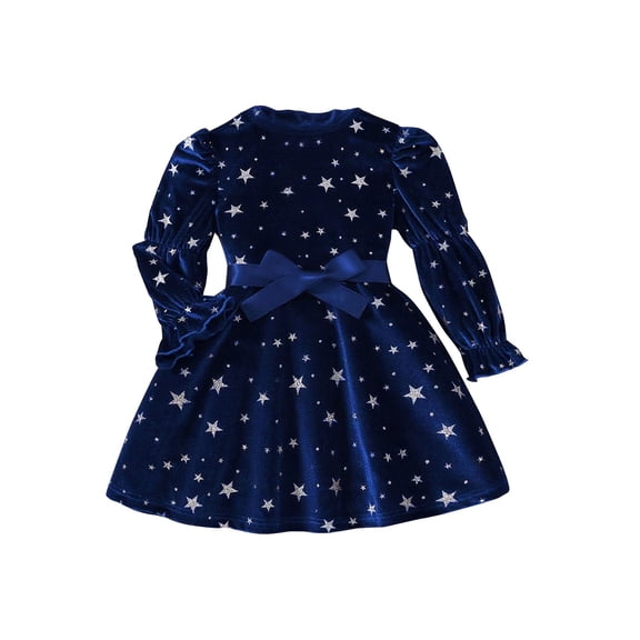 YunPes Girls Star Print Round Neck Long Sleeve Doll Fashion Print Toddler Long Dresses 5t