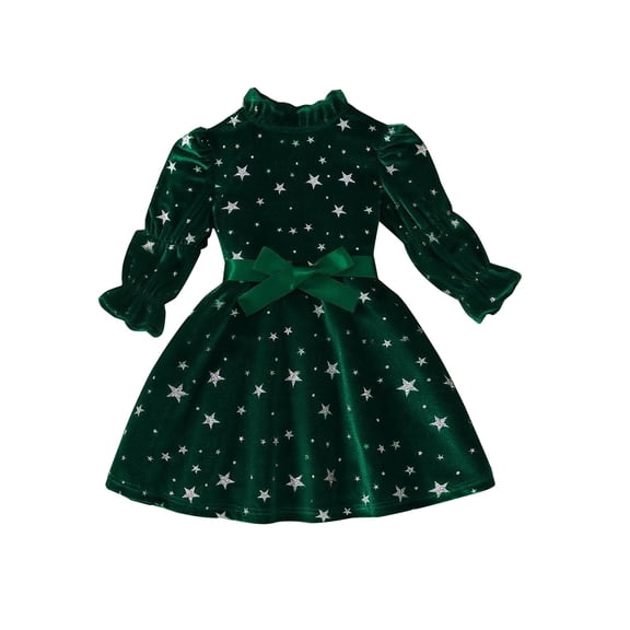 YunPes Girls Star Print Round Neck Long Sleeve Doll Fashion Print Toddler Long Dresses 5t