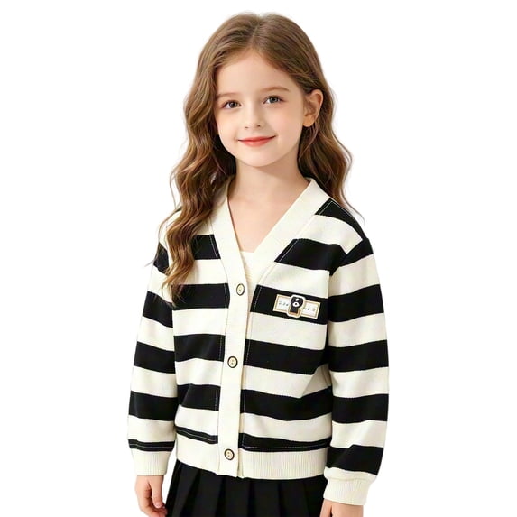 YunPes Girls Striped Sweaters Long Sleeve V-Neck Button Cardigan Fashion School Uniform Knit Tops Spring Fall Casual Outerwear