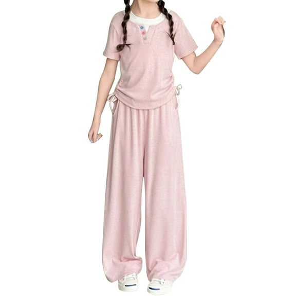 YunPes Girls Suit Spring Summer Autumn Casual T Sleeve Shirt Glutinous Rice Wide Leg Pants Two Piece Suit Girl Outfits Size 14