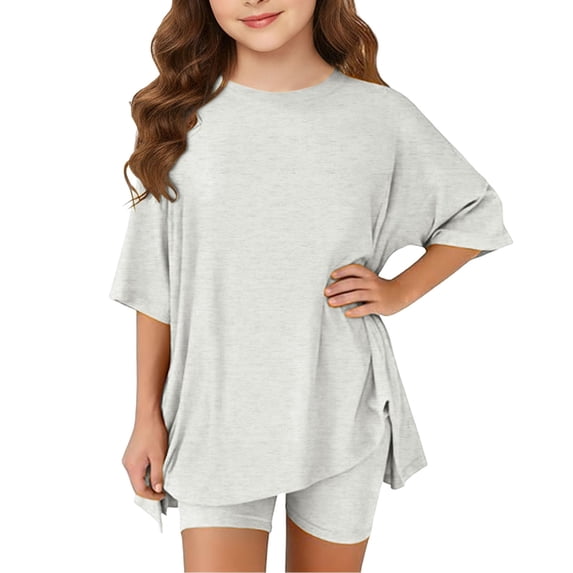YunPes Girls Summer Casual Athletic Set Oversized Side Split Shirts and Biker Shorts Tight-fitting Shorts 2-Piece Outfits
