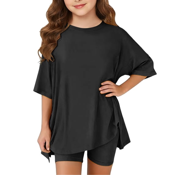 YunPes Girls Summer Casual Athletic Set Oversized Side Split Shirts and Biker Shorts Tight-fitting Shorts 2-Piece Outfits