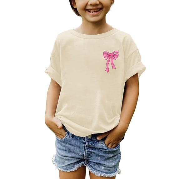 YunPes Girls Summer Solid Tees Rolled Up Sleeve Crewneck T-shirt with Bow Print 2-13 Years Kids Casual Loose Fit Tops