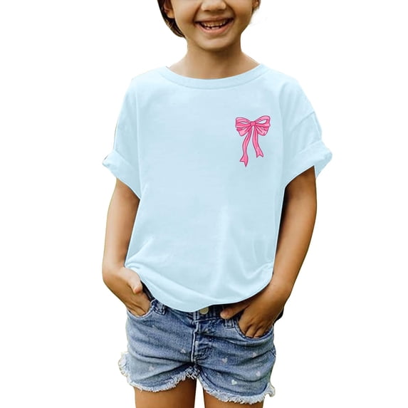 YunPes Girls Summer Solid Tees Rolled Up Sleeve Crewneck T-shirt with Bow Print 2-13 Years Kids Casual Loose Fit Tops