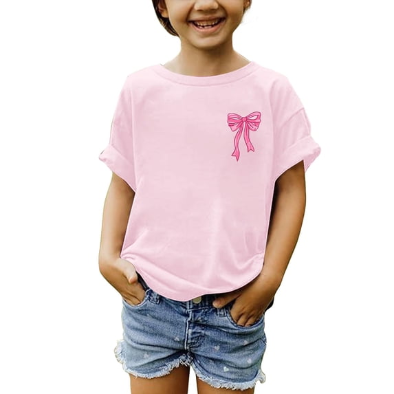 YunPes Girls Summer Solid Tees Rolled Up Sleeve Crewneck T-shirt with Bow Print 2-13 Years Kids Casual Loose Fit Tops