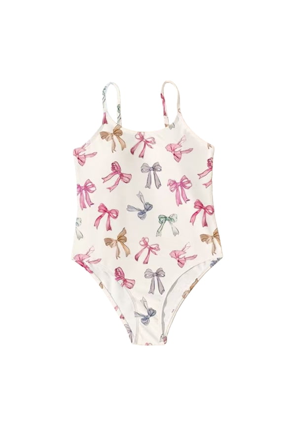 Girls Swimsuit One Piece Cute Cherry Bow Print Beach Vacation Bathing Suit for Teens Y2K Quick Dry Summer Swimwear Clothes