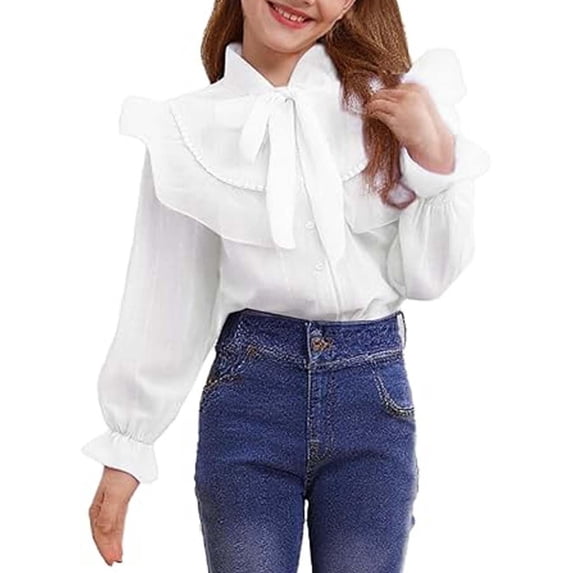 YunPes Girls Tulle Mock Neck Blouses Puff Sleeve Floral Ruffle Front Shirt with Bow Tie Kids Elegant Button Down Shirts Uniform Tops