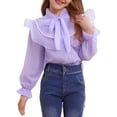 thumbnail image 1 of YunPes Girls Tulle Mock Neck Blouses Puff Sleeve Floral Ruffle Front Shirt with Bow Tie Kids Elegant Button Down Shirts Uniform Tops, 1 of 6