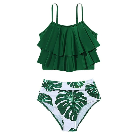 YunPes Girls Two Piece Swimsuit Set Tiered Ruffled Bathing Suit Tropical Floral Print Swimwear Cute Green Bikini Outfit Birthday