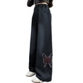thumbnail image 1 of YunPes Girls Wide Leg Jeans Butterfly Embroidered Aesthetic Denim Pants High Elastic Waist Patchwork Jeans Y2K Cute Preppy Trousers, 1 of 6