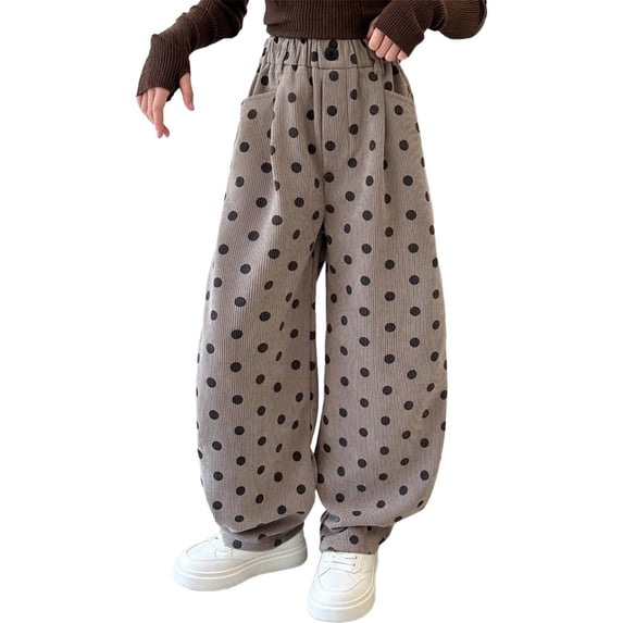 YunPes Girls Wide Leg Pants Cute Polka Dot Corduroy Sweatpants Elastic Waist Retro Trendy Y2K Trousers Teen Fall Winter Outdoor Wear