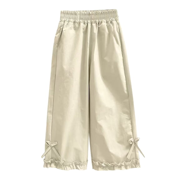 YunPes Girls Wide Leg Pants Cute Ruffled Hem Casual Trousers with Bowknot Patch Elastic Waist Baggy Open Bottom Pants 5-16Y