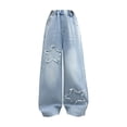 thumbnail image 1 of YunPes Girls Y2K Denim Pants Frayed Star Embroidered Wide Leg Pants with Elastic Waist Trendy Straight Leg Trousers Hip-Pop Streetwear, 1 of 7