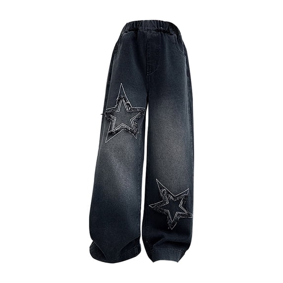 YunPes Girls Y2K Denim Pants Frayed Star Embroidered Wide Leg Pants with Elastic Waist Trendy Straight Leg Trousers Hip-Pop Streetwear