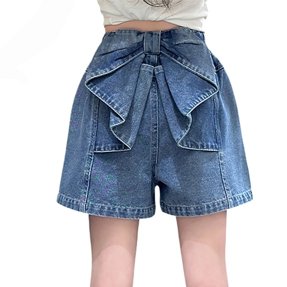 YunPes Girls Y2K Mini Jean Shorts Large Bow Belted A-Line Denim Shorts Summer Washed Denim Elastic Waist Jorts for 5-16Y