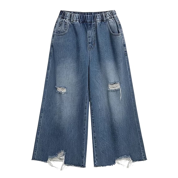 YunPes Girls Y2K Ripped Jeans Teen Straight Wide Leg Denim Pants Summer Baggy Casual Plus Size Trousers with Elastic Waist