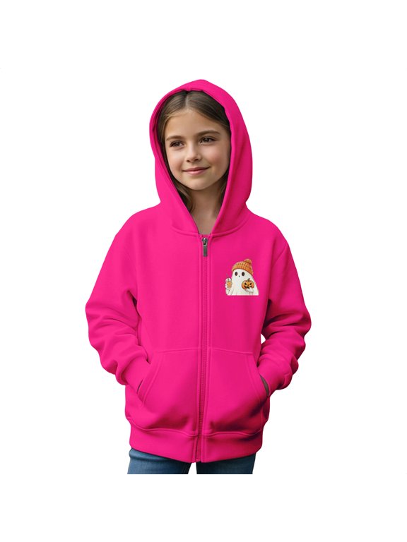 Girls Zip-Up Hoodies Cute Ghost Graphic Sweatshirt Kids Halloween Trendy Outerwear Fall Winter Casual Hooded Jackets