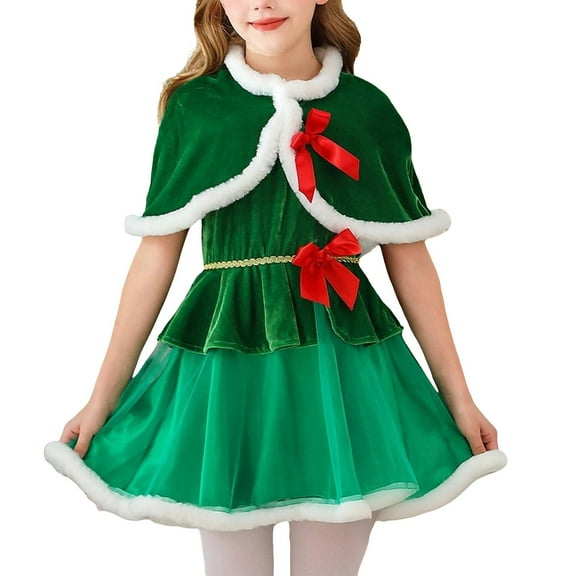 YunPes Girls and Toddlers Christmas Suit Set Xmas Velvet Dress & Santa Tree Shawl 2PC Set for Xmas Festive Holiday Party Outfit