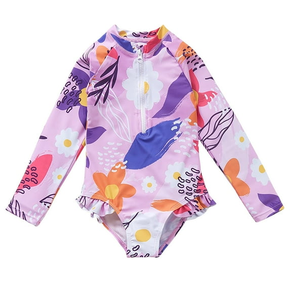 YunPes Girls and Toddlers Long Sleeve Swimsuit Sun Protection One Piece Rash Guard Bathing Suit Zipper Cute Floral Leopard Print