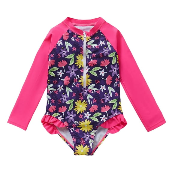 YunPes Girls and Toddlers Long Sleeve Swimsuit Sun Protection One Piece Rash Guard Bathing Suit Zipper Cute Floral Leopard Print