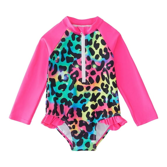 YunPes Girls and Toddlers Long Sleeve Swimsuit Sun Protection One Piece Rash Guard Bathing Suit Zipper Cute Floral Leopard Print