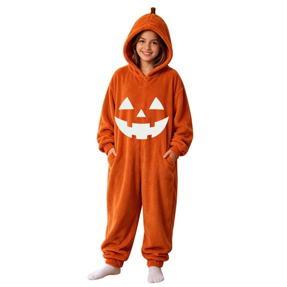 YunPes Halloween Kids Pumpkin Onesie Boy & Girl Jack O' Lantern Hooded Jumpsuit Soft Flannel Loungewear Kids Fall Winter Cozy Oversized One Piece