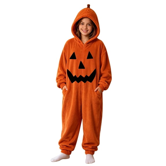 YunPes Halloween Kids Pumpkin Onesie Boy & Girl Jack O' Lantern Hooded Jumpsuit Soft Flannel Loungewear Kids Fall Winter Cozy Oversized One Piece