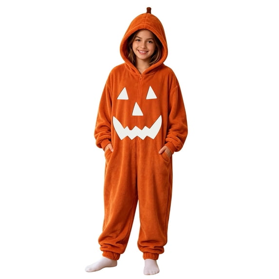 YunPes Halloween Kids Pumpkin Onesie Boy & Girl Jack O' Lantern Hooded Jumpsuit Soft Flannel Loungewear Kids Fall Winter Cozy Oversized One Piece