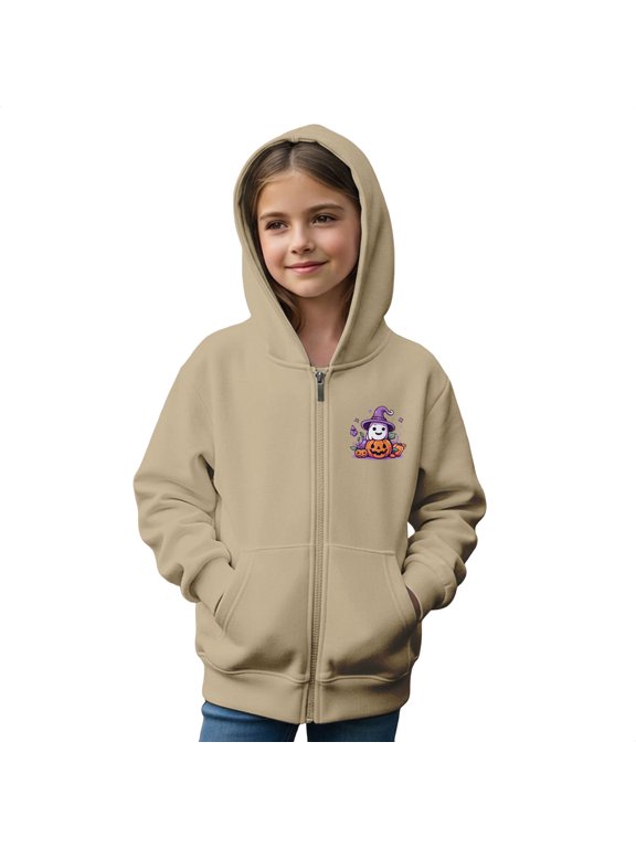 Halloween Sweatshirt for Girls Full Zip Graphic Hoodies Jackets Spooky Ghost Pumpkin Festival Party Casual Sweat Outerwear