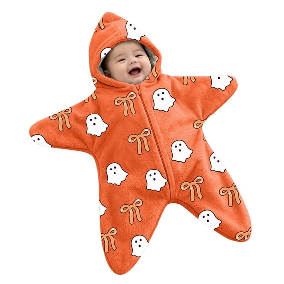 YunPes Infant Baby Onesie Cartoon Ghost Print Soft Plush Footed Bodysuit Zip-Up Warm Winter Outfit Baby Halloween Funny Dress-Up Jumpsuit