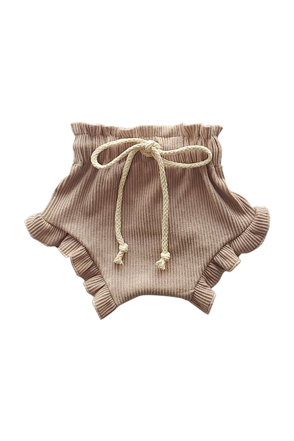 Infant Girls Knitted Bloomers Shorts Solid Ribbed Knit Ruffle Shorts with Braided Drawstring Baby Kids Casual Summer Bottoms