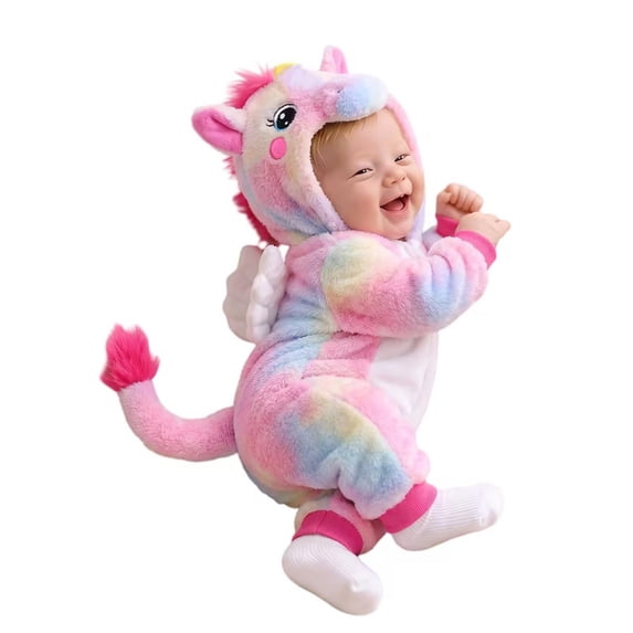 YunPes Infant Rainbow Horse Plush Hooded Jumpsuit Full Zip Long Sleeve Animal Onesie 3D Ears & Fuzzy Tail Baby Holiday Party Outfit