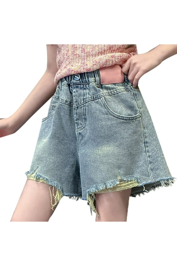 Jean Shorts for Girls Ripped Raw Hem Denim Shorts with Pockets Button High Waist Wide Leg Jeans Teen Y2k Cute Summer Outfit